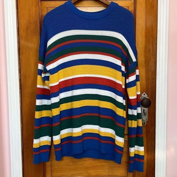 Topman Colorful Blue White Yellow Striped Crewneck Sweater Men’s Medium - Picture 1 of 6